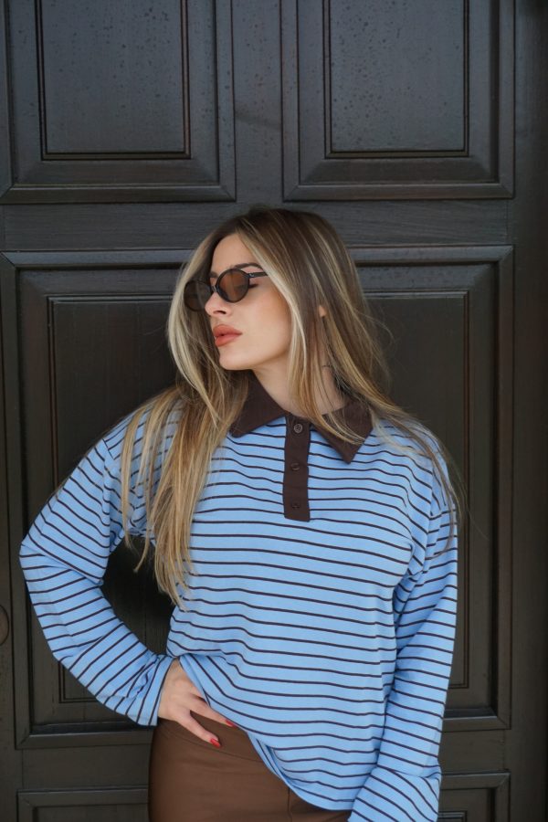 Maglia casual a righe azzurre con colletto e bottoniera marrone, dal fit comodo e perfetta per uno stile quotidiano fresco e ricercato.